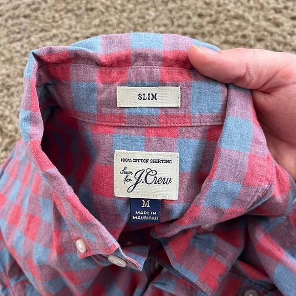 J. Crew Slim Button Up Shirt Men's Size Medium Pink Blue Buffalo Check Cotton - Picture 3 of 4